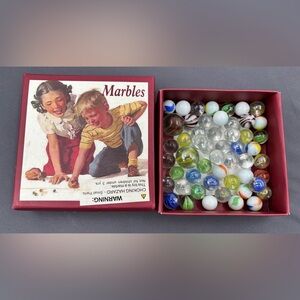 Vintage Style Boxed Glass 52 Marbles Set Retro Toy Collectible Swirl Confetti
